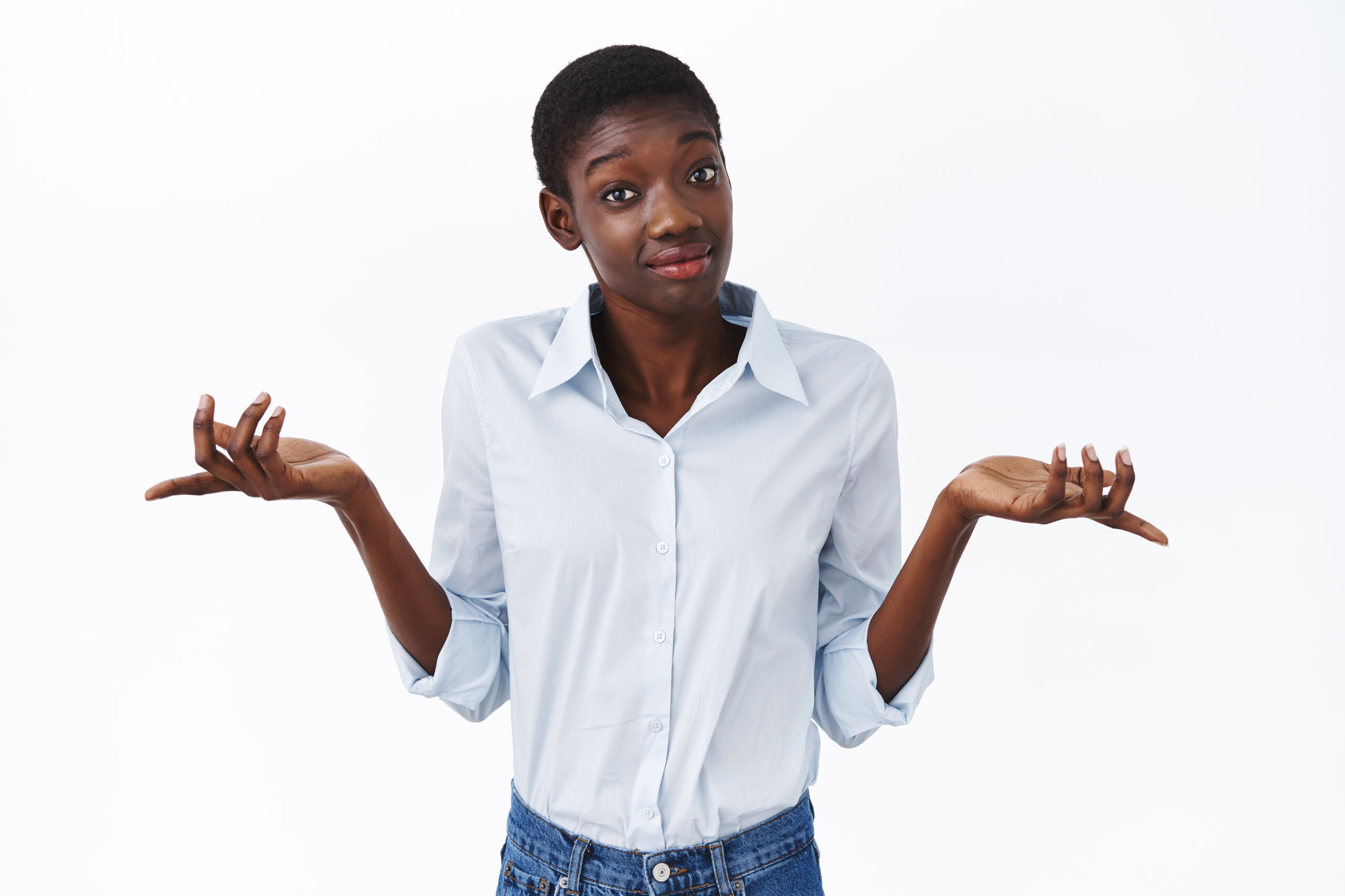 Cute African American Female Entrepreneur Cant Tell What Best, Shrug, Pointing Sideways Make Confused Smirk, Feeling Doubt Dont Know What Pick, Asking Your Advice, Stand Indecisive, White Background